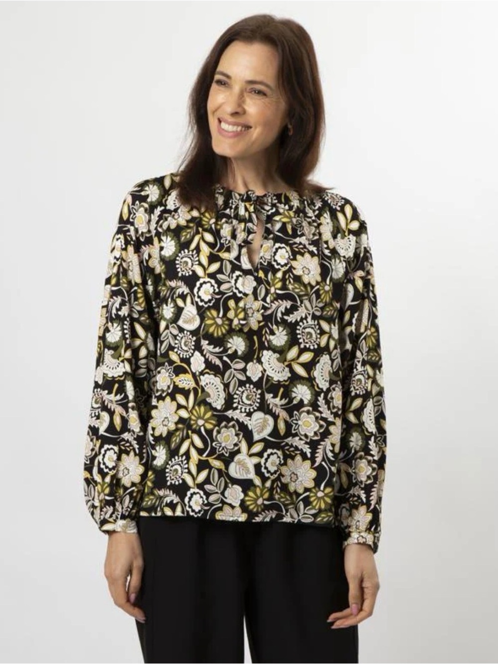 Banana Republic Black Floral Tie-Neck Blouse with Cream & Olive Accents
